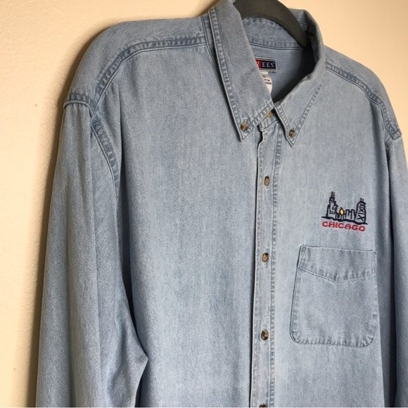 Jerzees Denim Long Sleeve Shirt Chicago Skyline Embroidered Chest Button Up XXL - Picture 2 of 12